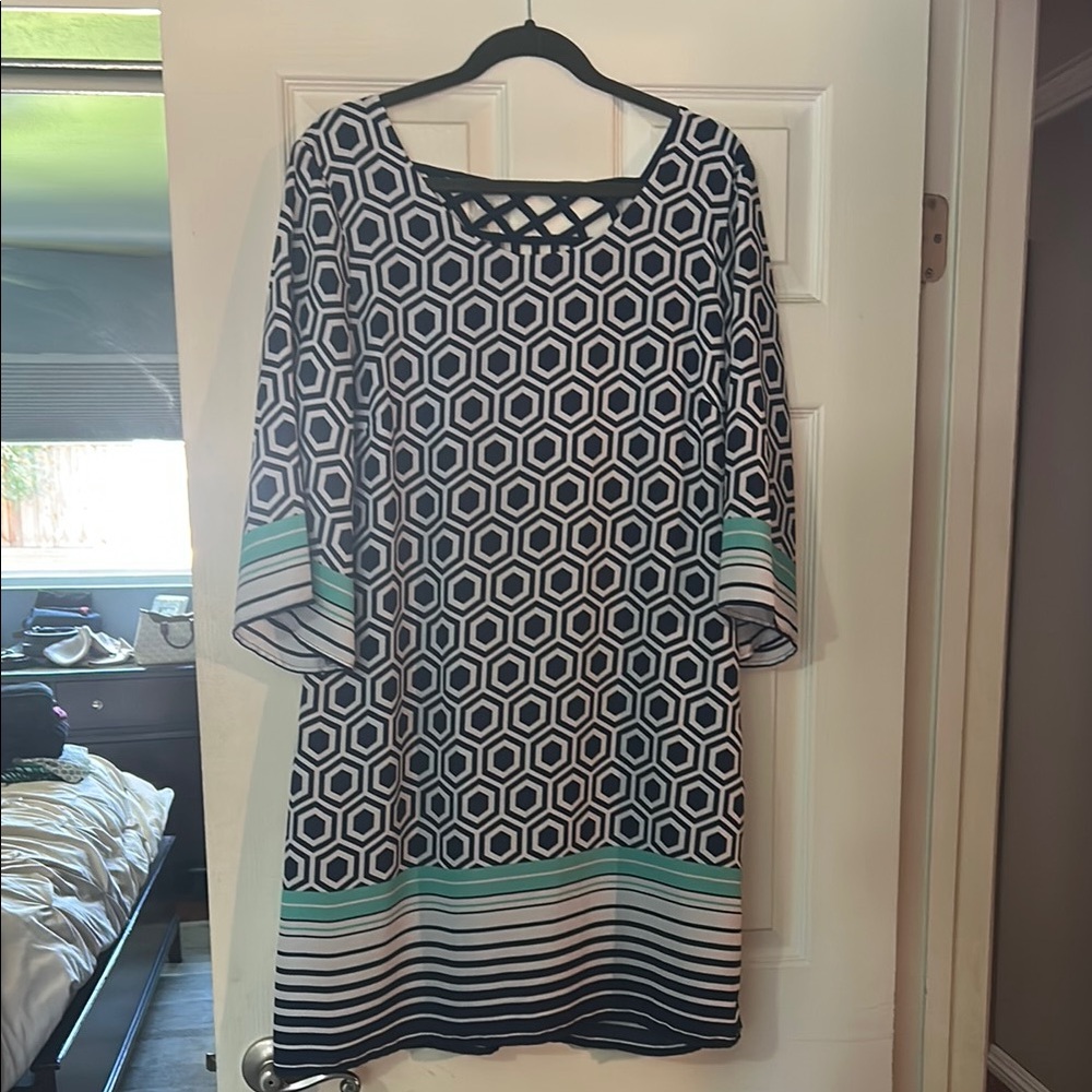 Geometric Patterned Dress with Green Accents
